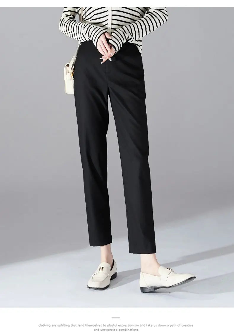 High-Waist Trousers with Elastic Waistband, Ankle-Length Slim Tailored Fit in Gray