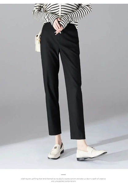 High-Waist Trousers with Elastic Waistband, Ankle-Length Slim Tailored Fit in Gray