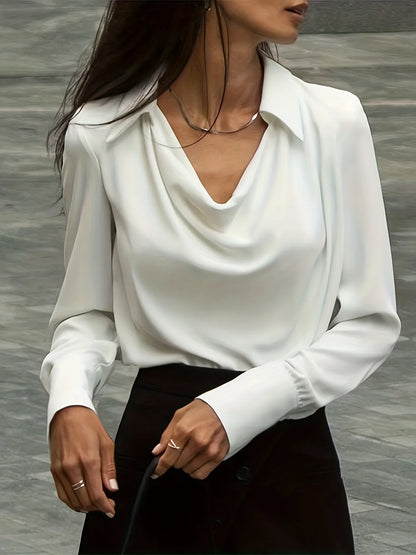Long Sleeve Blouse with Draped Cowl Neckline, Silk-Blend Satin Finish and Button Cuffs
