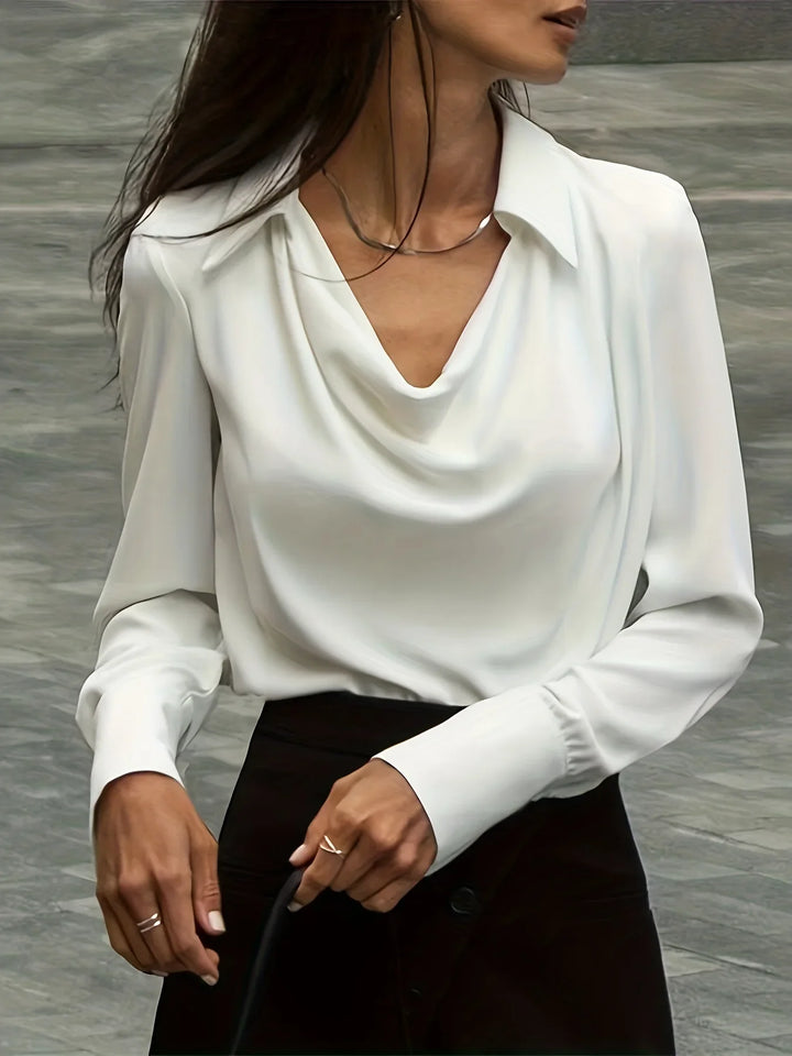 Long Sleeve Blouse with Draped Cowl Neckline, Silk-Blend Satin Finish and Button Cuffs