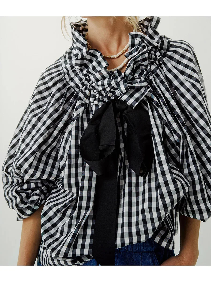 Ruffled Collar Blouse with Oversized Bow Tie and Lantern Sleeves, Checkered Print