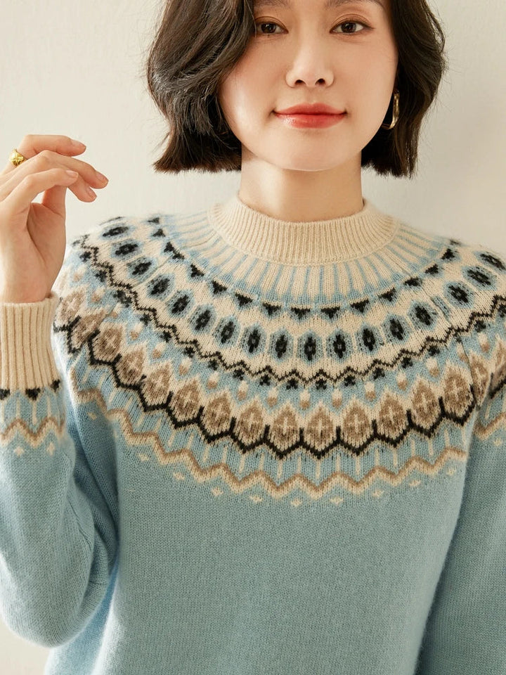Fair Isle Jacquard Mock Neck Sweater in Cashmere-Soft Knit, Camel Colorway