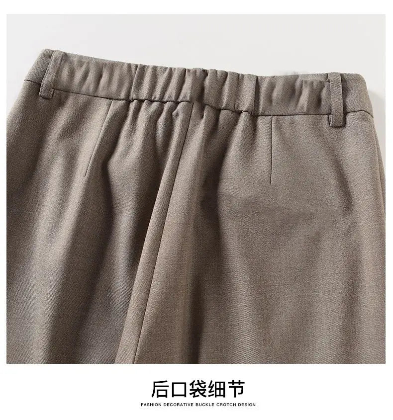 High-Waist Trousers with Elastic Waistband, Ankle-Length Slim Tailored Fit in Gray