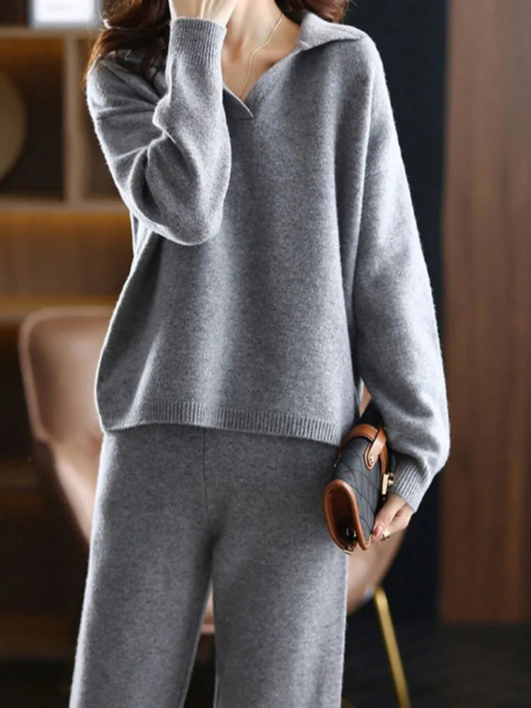 Two-Piece Polo Knit Set with Cashmere Blend Sweater and High-Waisted Harem Pants