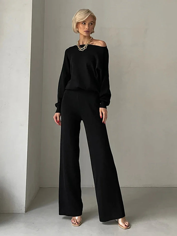 Off-Shoulder Loungewear Knit Set with Soft Flowing Fabric and Relaxed Fit in Camel