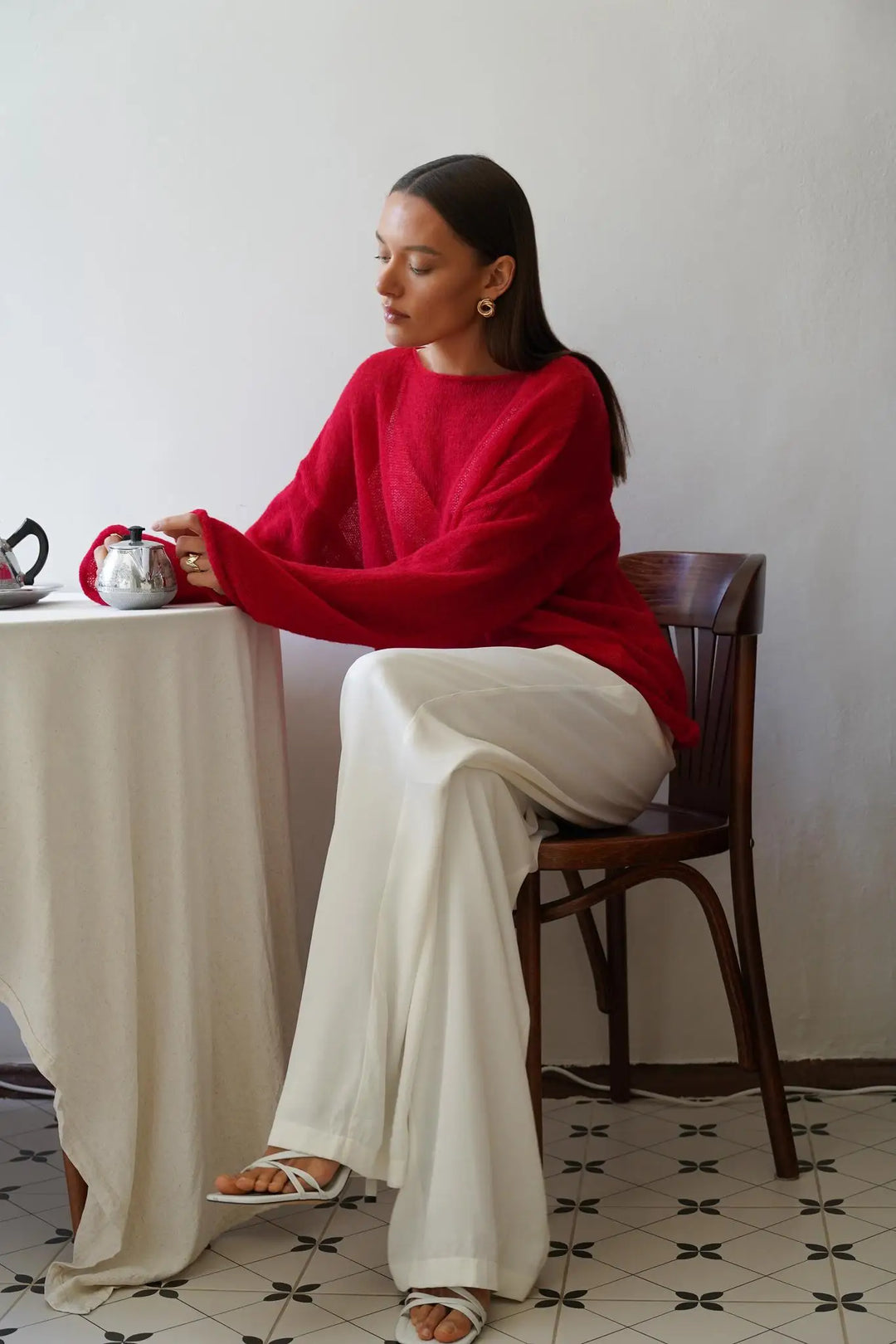 Boatneck Sweater in Merino Wool Blend with Relaxed Fit and Long Sleeves