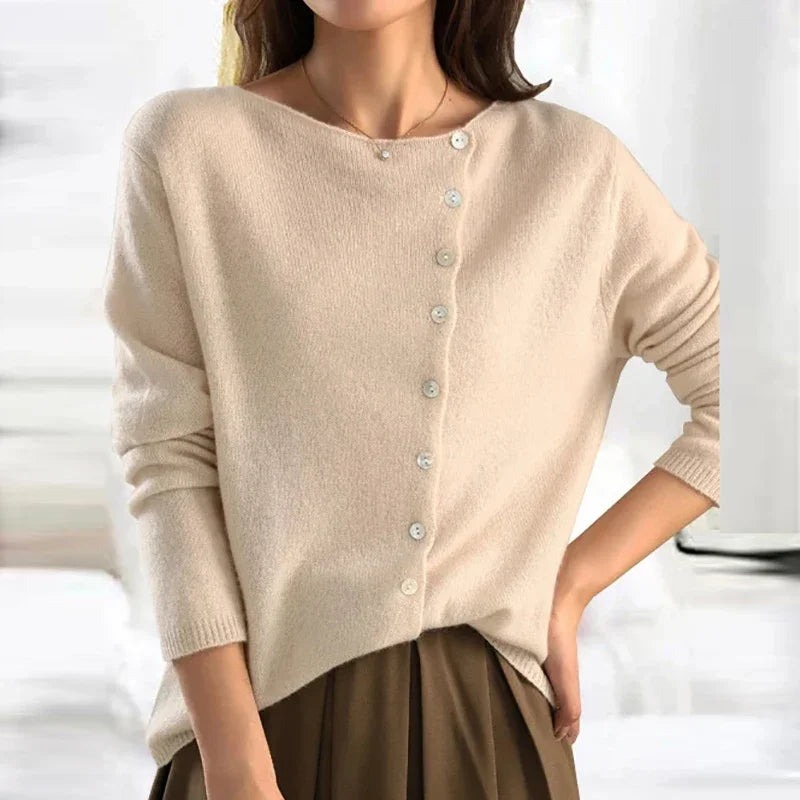 Asymmetric Button Sweater in Khaki Soft Knit with Off-Center Placket Detail and Long Sleeves