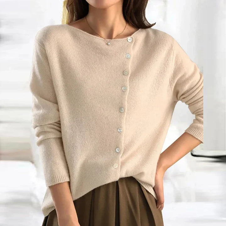 Asymmetric Button Sweater in Khaki Soft Knit with Off-Center Placket Detail and Long Sleeves