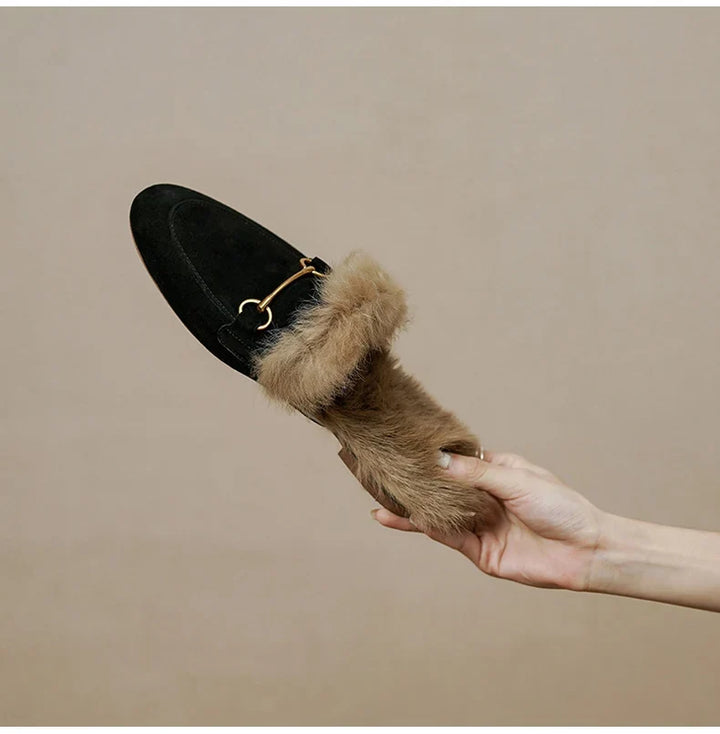 Fur-Lined Suede Mule Slippers with Premium Lamb and Rabbit Fur Lining and Gold-Tone Hardware
