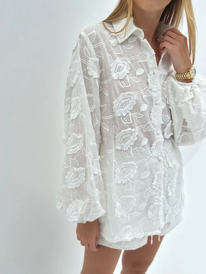 Embroidered Lounge Set with Sheer Button-Up Top and Floral Lace Detail in White