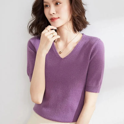 V-Neck Knit Top in Soft Merino Wool Blend with Relaxed Shape-Holding Fit, Khaki