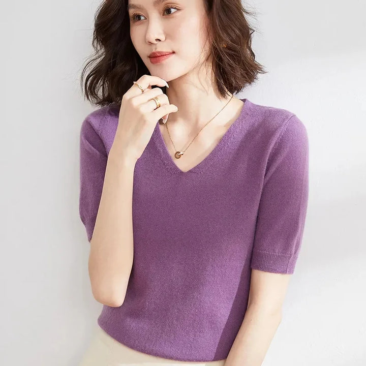 V-Neck Knit Top in Soft Merino Wool Blend with Relaxed Shape-Holding Fit, Khaki