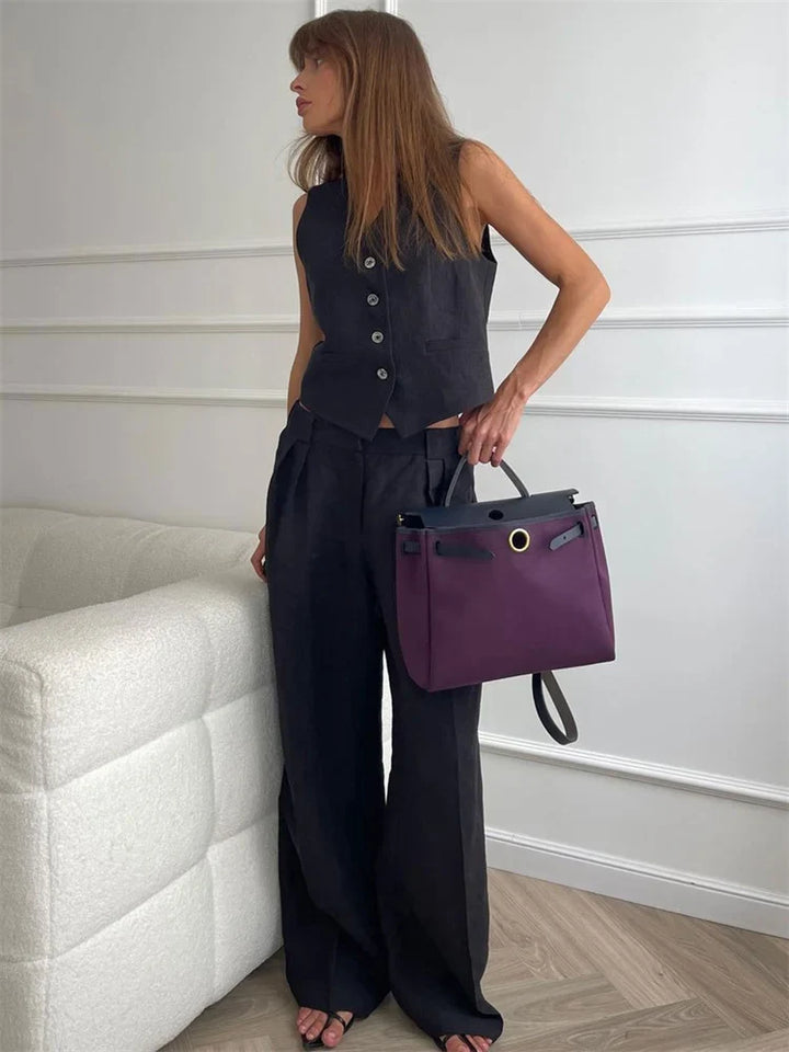 Linen Trouser Set with Buttoned Vest Top and Wide-Leg Pleated Trousers, Two-Piece Design