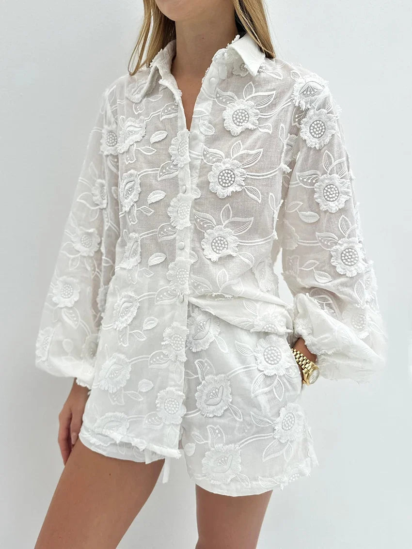 Embroidered Lounge Set with Sheer Button-Up Top and Floral Lace Detail in White