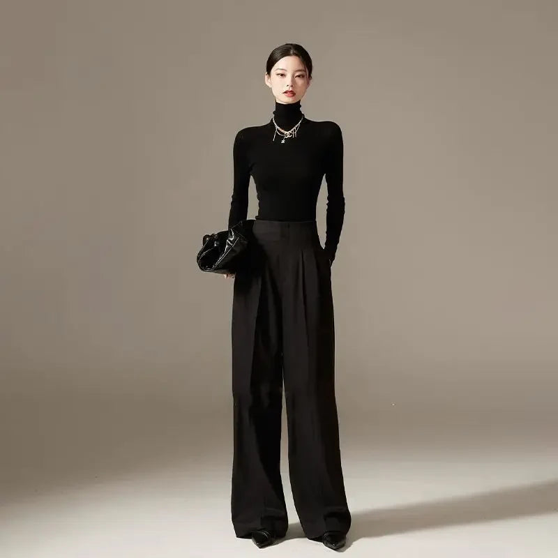 Wide Leg Draped Pants in Soft 100% Cotton with High-Waisted Elastic Fit and Tailored Silhouette