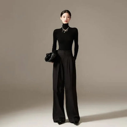 Wide Leg Draped Pants in Soft 100% Cotton with High-Waisted Elastic Fit and Tailored Silhouette