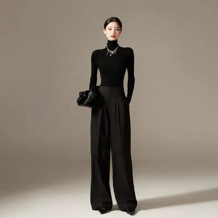 Wide Leg Draped Pants in Soft 100% Cotton with High-Waisted Elastic Fit and Tailored Silhouette
