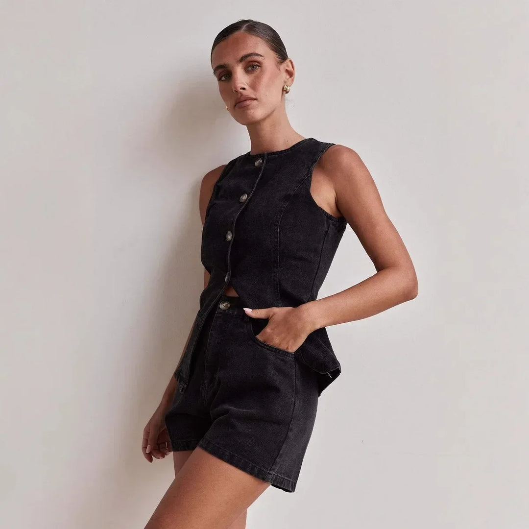 Denim Vest and Wide-Leg Shorts Set with Tortoise Buttons and High-Rise Cinched Waist
