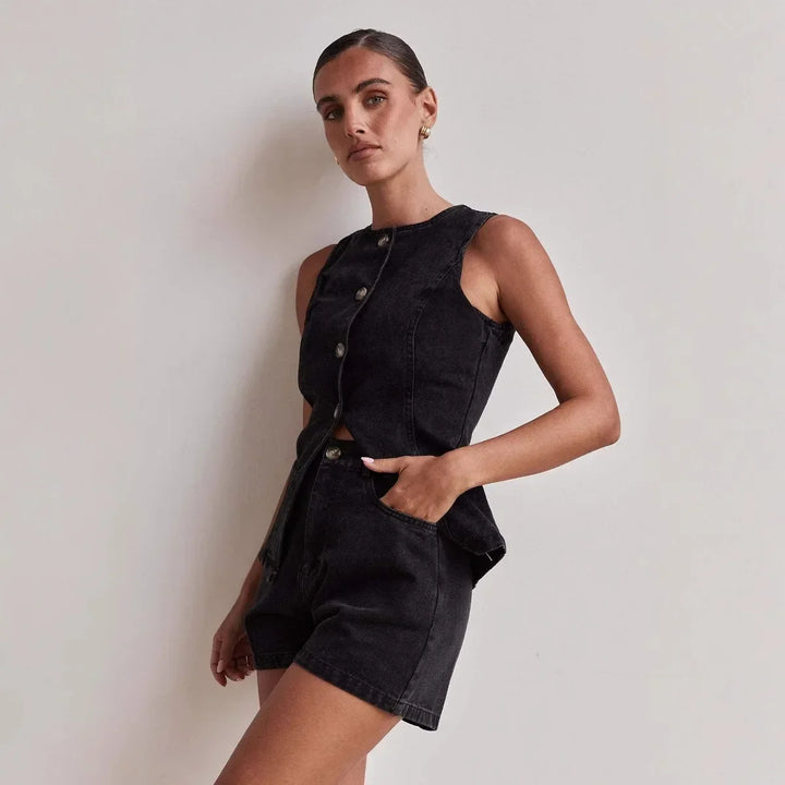 Denim Vest and Wide-Leg Shorts Set with Tortoise Buttons and High-Rise Cinched Waist