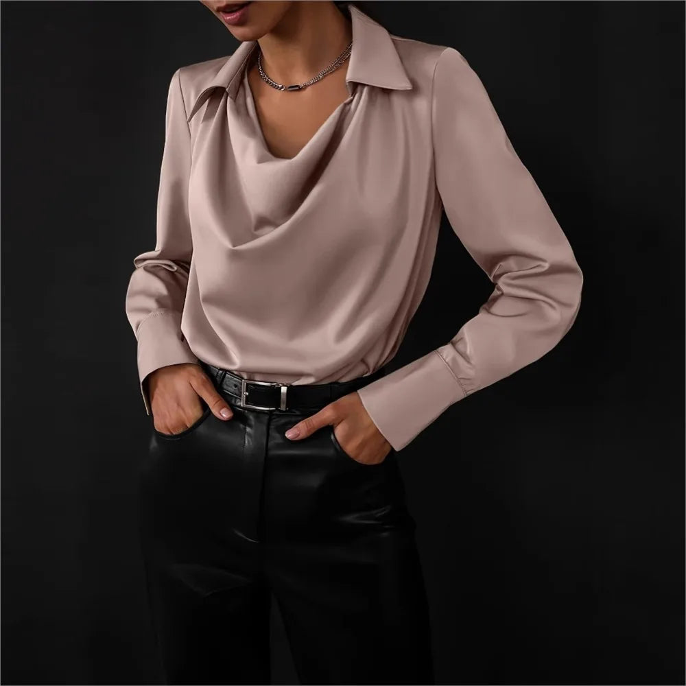 Long Sleeve Blouse with Draped Cowl Neckline, Silk-Blend Satin Finish and Button Cuffs