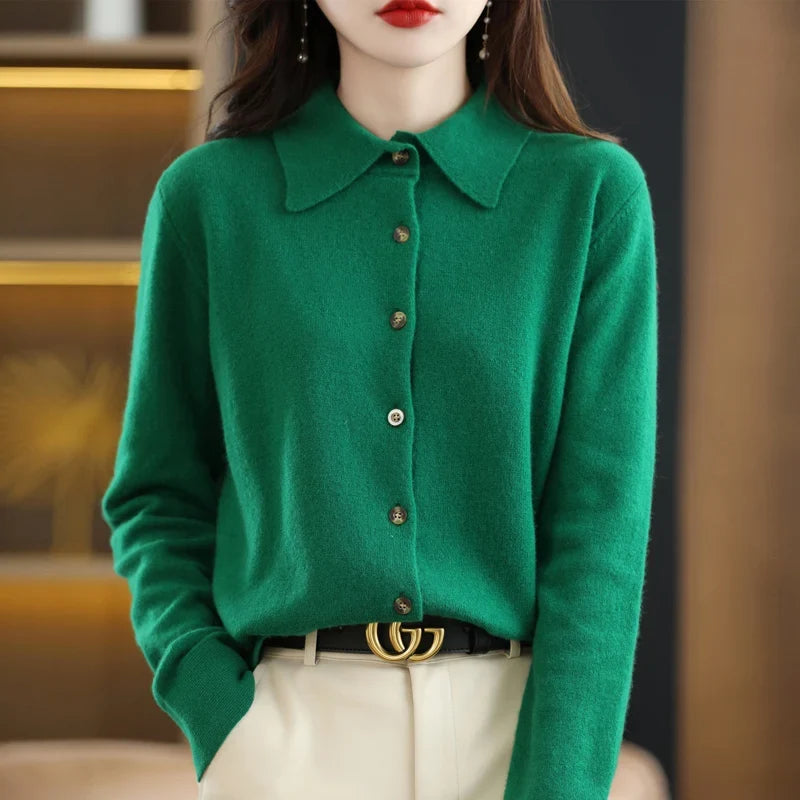 Polo Cardigan in Wool Blend with Structured Lapel and Button-Front Closure, Navy