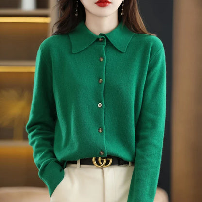Polo Cardigan in Wool Blend with Structured Lapel and Button-Front Closure, Navy