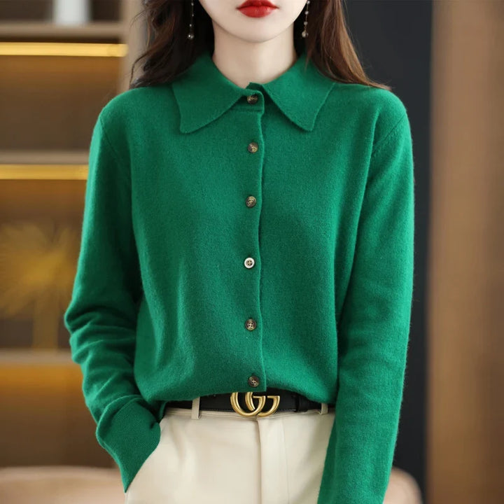 Polo Cardigan in Wool Blend with Structured Lapel and Button-Front Closure, Navy