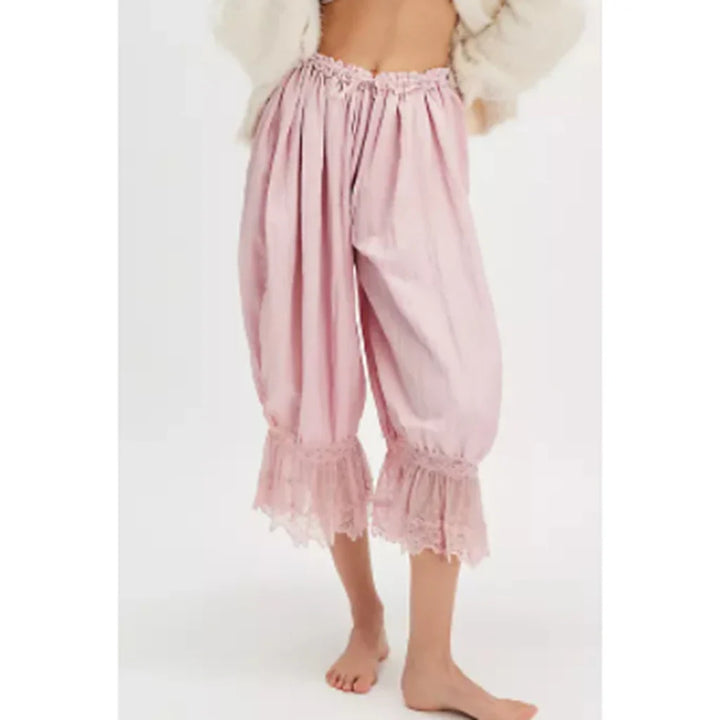Lantern Pants with Ruffled Lace Cuffs and High-Rise Stretch Waistband in Cotton Blend
