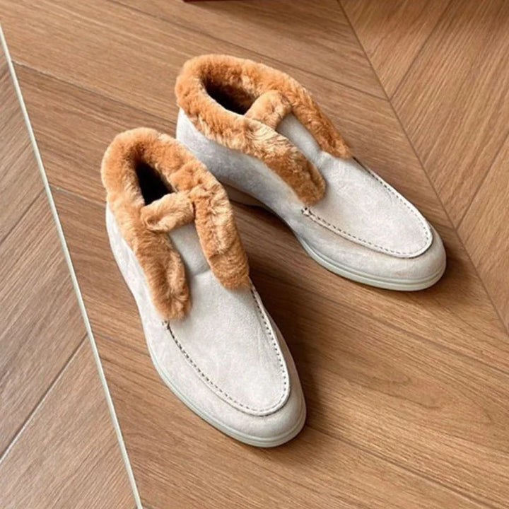 Suede Loafer Boots with Shearling Lining, Moc Toe Slip-On Design and Cushioned Sole
