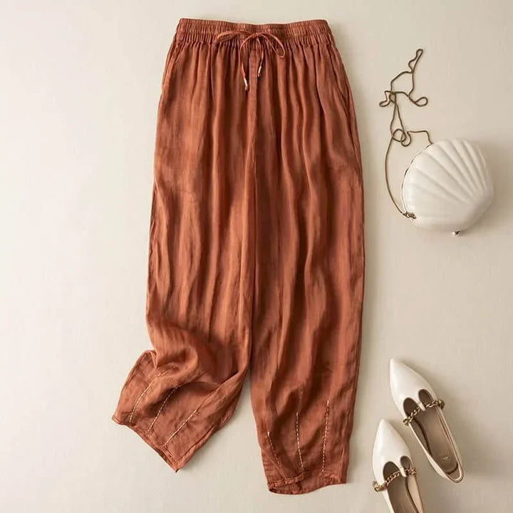 Linen Pants with Elastic Drawstring Waist and Billowed Leg Silhouette in Khaki Cotton-Linen Blend