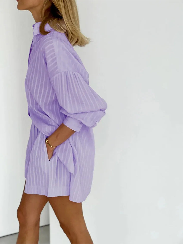 Button-Down Shirt and Shorts Set with Relaxed Oversized Fit in Lightweight Cotton-Blend Fabric