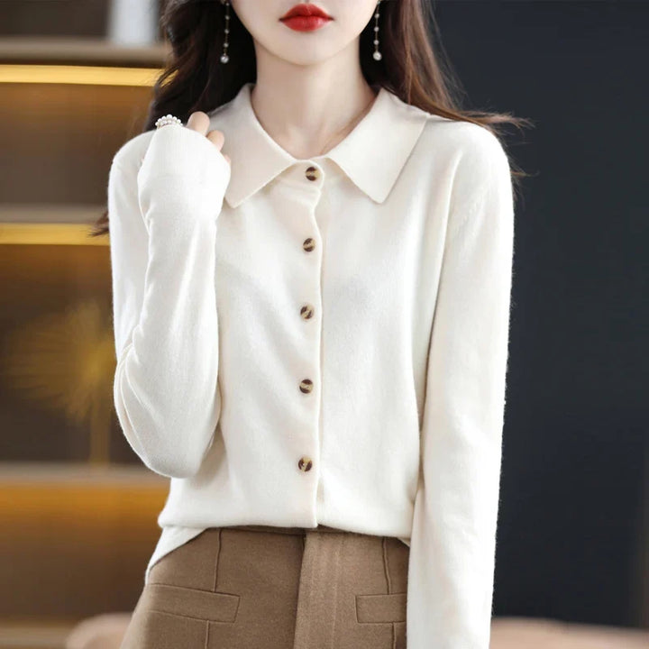 Polo Cardigan in Wool Blend with Structured Lapel and Button-Front Closure, Navy