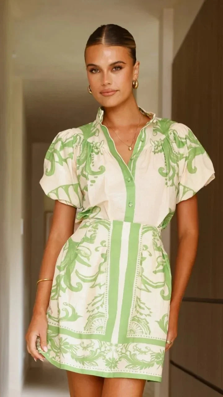 Floral Skirt Co-ord Set in Cotton-Linen Blend with Puff Sleeves and High-Contrast Trim