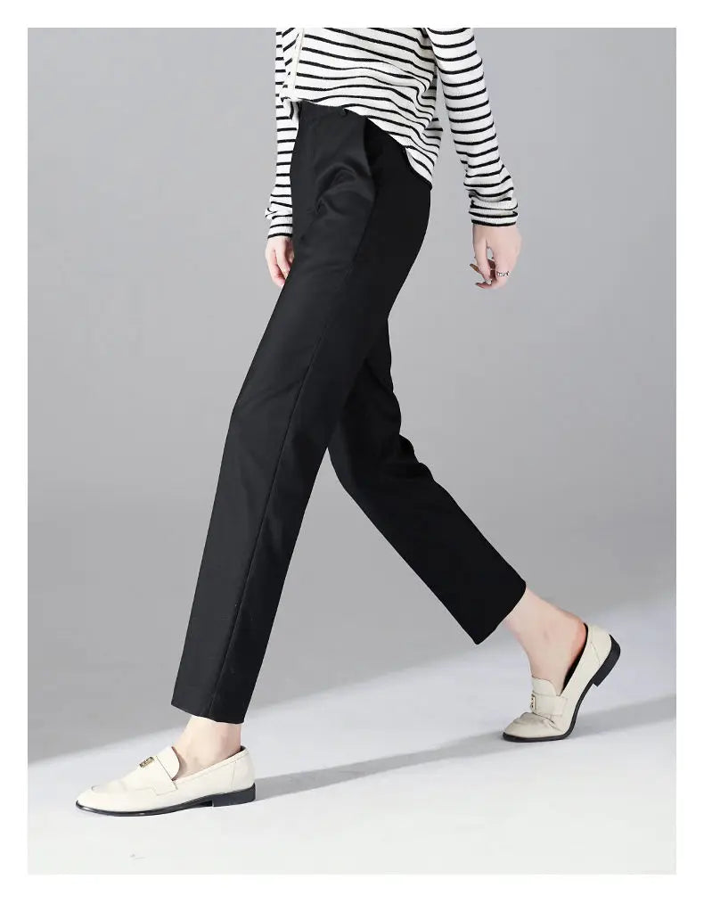 High-Waist Trousers with Elastic Waistband, Ankle-Length Slim Tailored Fit in Gray