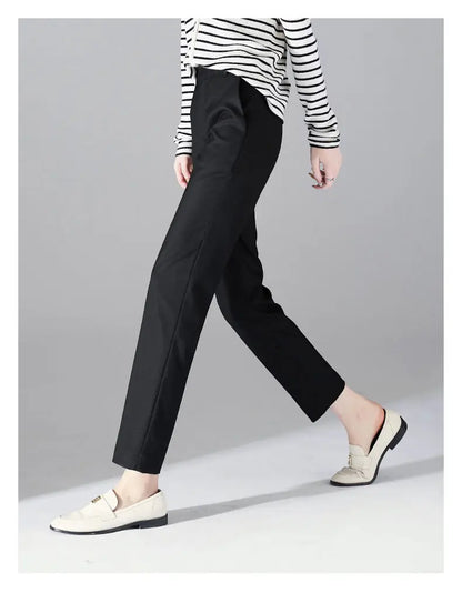 High-Waist Trousers with Elastic Waistband, Ankle-Length Slim Tailored Fit in Gray