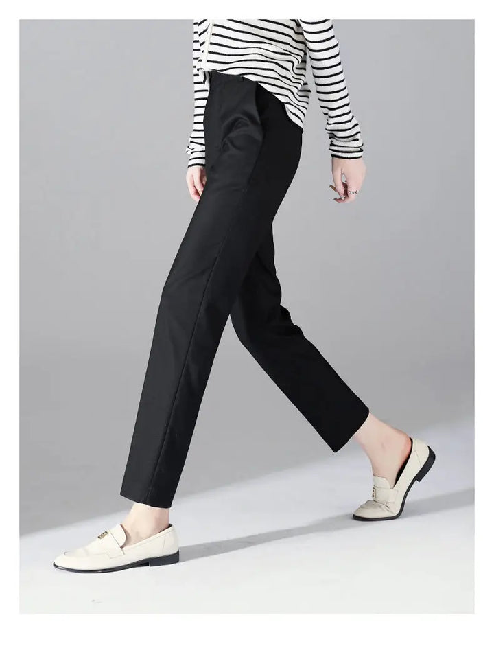 High-Waist Trousers with Elastic Waistband, Ankle-Length Slim Tailored Fit in Gray