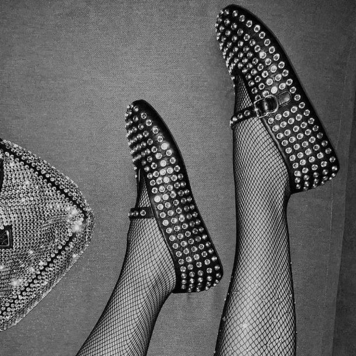 Mary Jane Flats with Crystal-Studded Leather Upper and Adjustable Ankle Strap