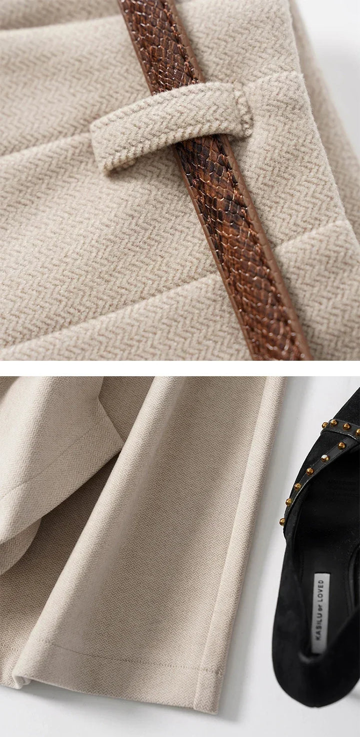 Wide Leg Wool Blend Trousers with High-Waist Fit, Tailored Crease, and Matching Belt