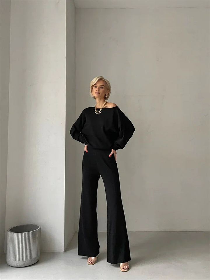 Off-Shoulder Loungewear Knit Set with Soft Flowing Fabric and Relaxed Fit in Camel