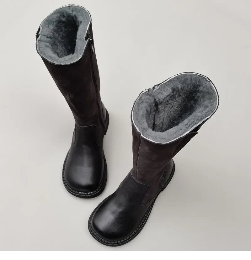 Shearling Riding Boots in Premium Leather-Look with Wool Lining and Side Zipper, Brown