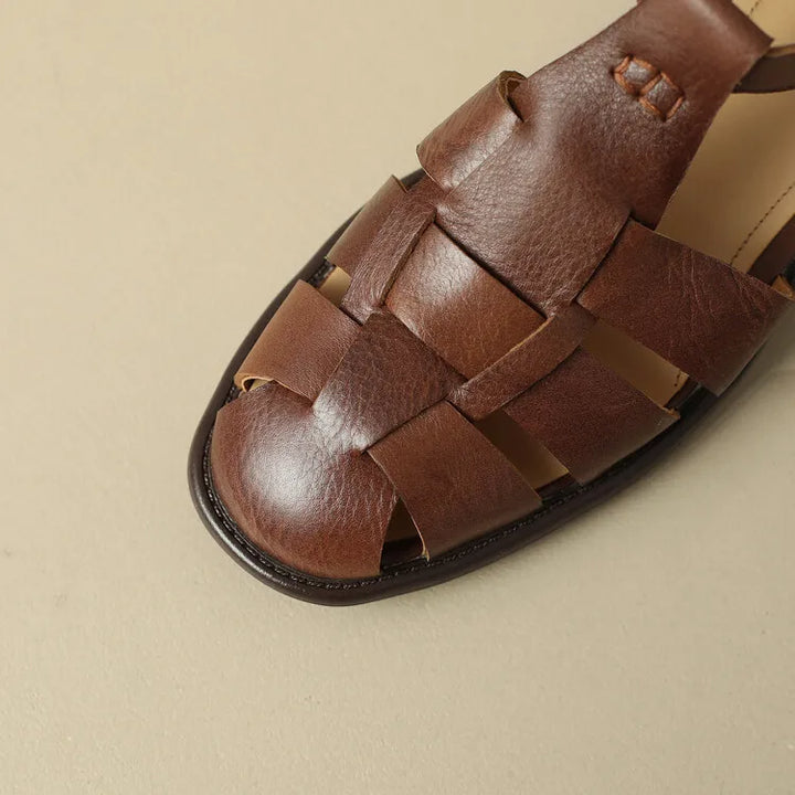 Handwoven Leather Sandals with Adjustable T-Strap Buckle and Low Stacked Heel