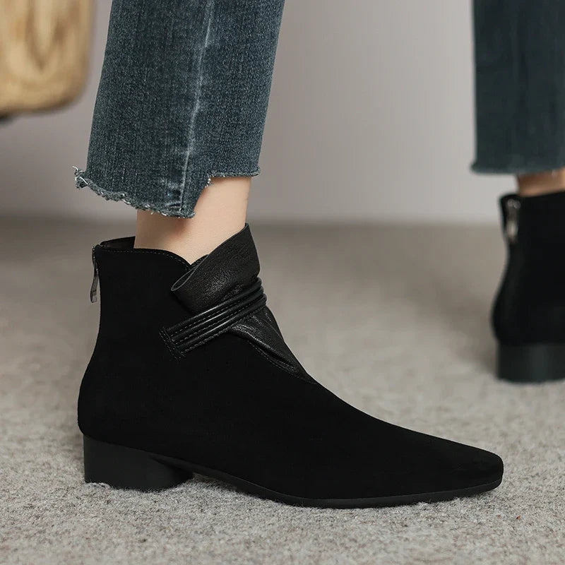 Suede Ankle Boots with Pointed Toe, Side Zip and Low Heel, Women's Vivienne