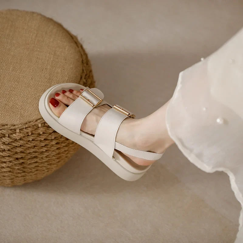 Platform Sandal in Ivory Vegan Leather with Double Buckle Straps and Built-In Supportive Insole