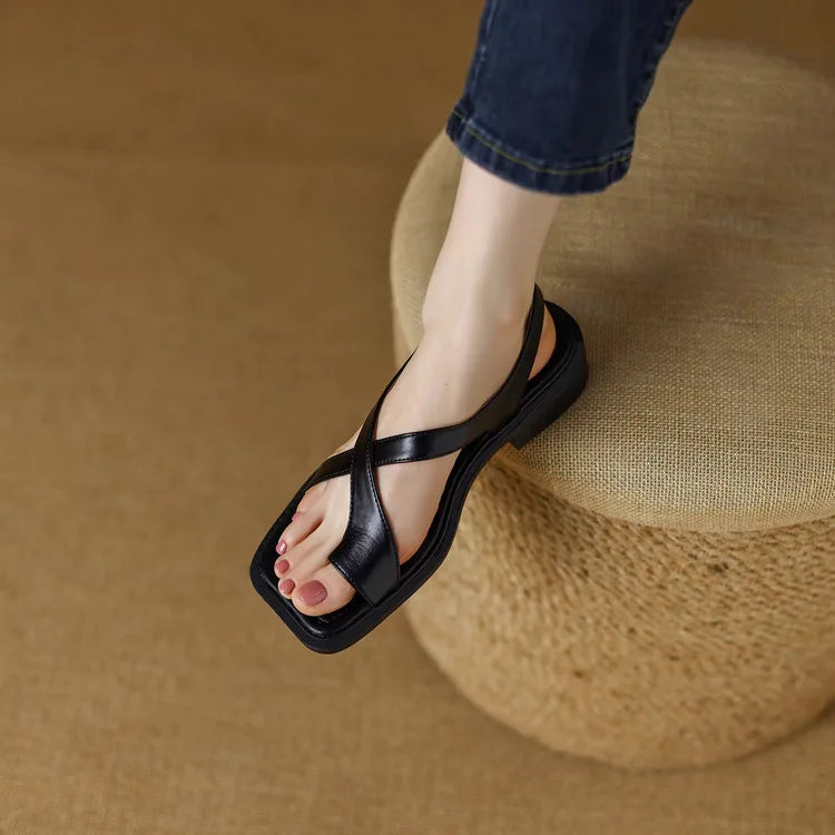 Leather Cross-Strap Sandals with Cushioned Footbed and Low Heel, Women's