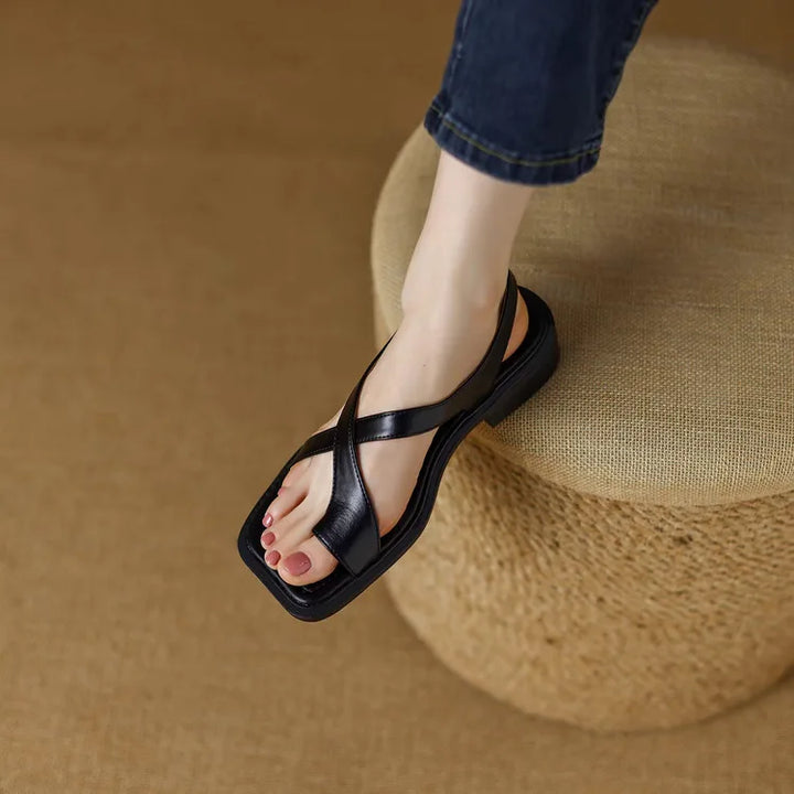 Leather Cross-Strap Sandals with Cushioned Footbed and Low Heel, Women's