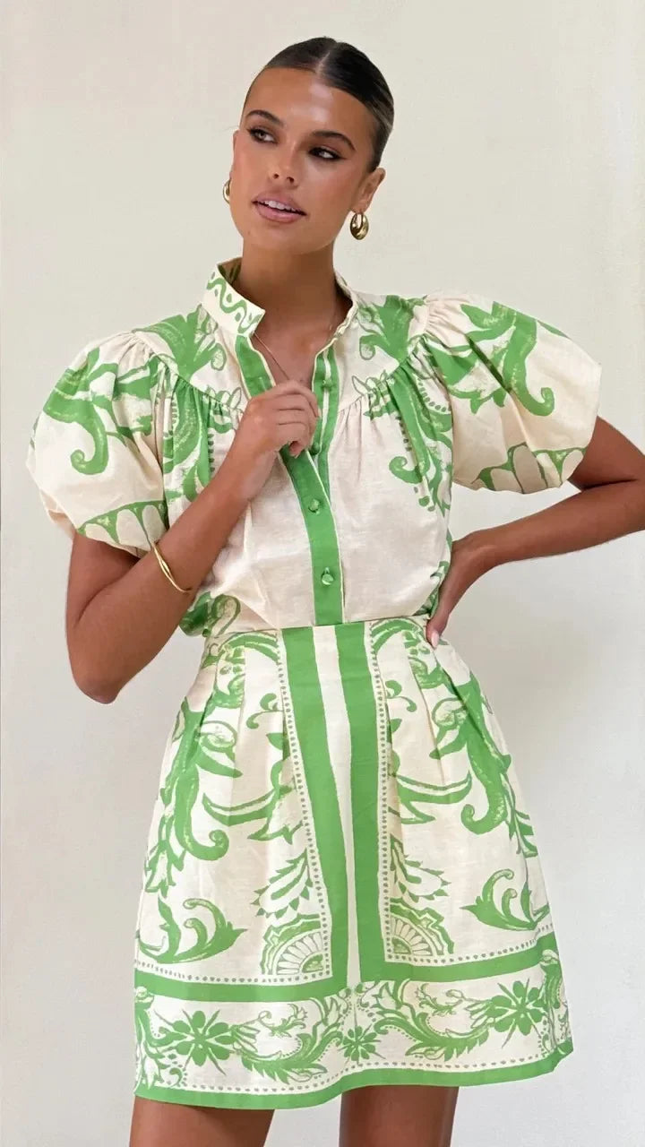 Floral Skirt Co-ord Set in Cotton-Linen Blend with Puff Sleeves and High-Contrast Trim