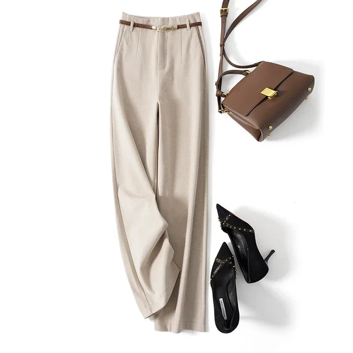 Wide Leg Wool Blend Trousers with High-Waist Fit, Tailored Crease, and Matching Belt