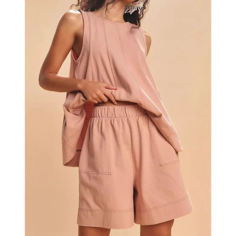 Two-Piece Cotton Set, Cropped Tank Top and Elastic-Waist Shorts with Raw Seam Detailing in Sunwashed Yellow