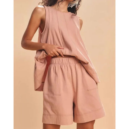 Two-Piece Cotton Set, Cropped Tank Top and Elastic-Waist Shorts with Raw Seam Detailing in Sunwashed Yellow