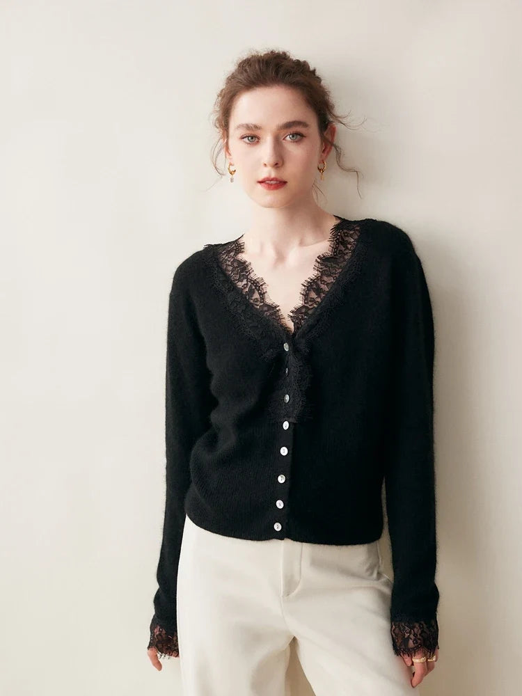 Cashmere Cardigan with Lace-Trim Detail and Relaxed Knit Fit in Khaki